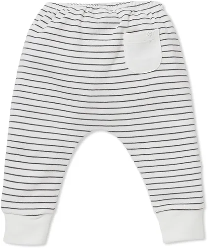 Vista 2 de MORI Pantalones de yoga estilo harén para bebé en rayas grises y blancas, pantalones unisex con diseño de dos tonos y bolsillo trasero, recién
