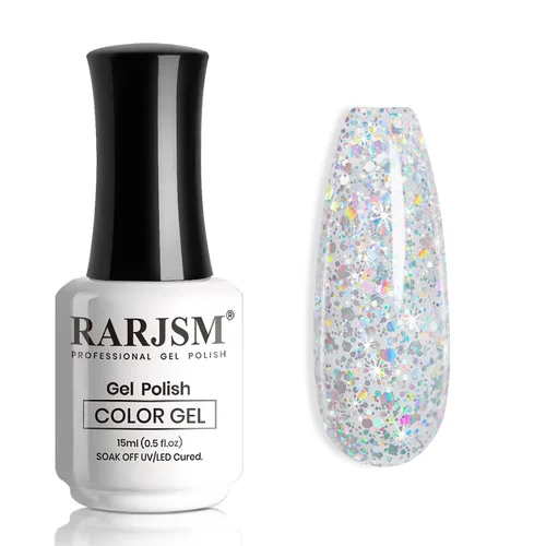 Vista 12 de RARJSM Esmalte de uñas de gel con purpurina de nieve, diamante brillante, gel de uñas de color blanco lechoso con pigmentos plateados y brillantes