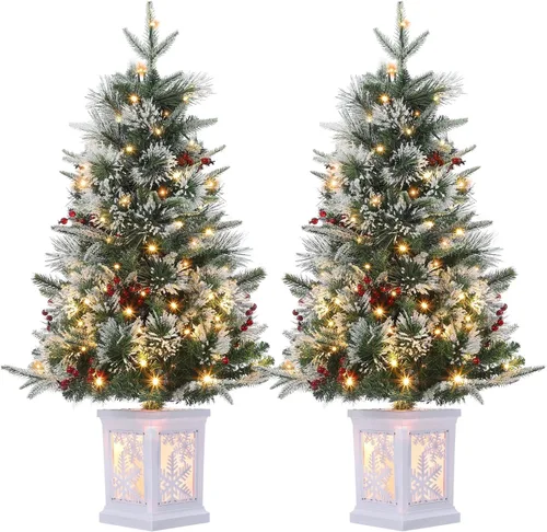 Vista 10 de Árbol de Navidad de 3 pies con base de reno, árbol de Navidad artificial esmerilado con 78 luces LED, caja de batería de 8 modos, decoraciones
