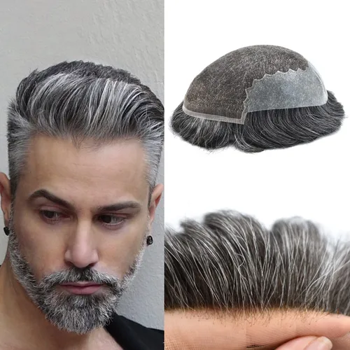 Vista 81 de Mens Toupee Swiss Lace Mens Hair Piece Sistema de reemplazo de cabello para hombres Toupee para hombres Cabello humano nudo blanqueado protesis
