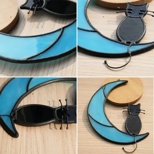 Vista 3 de Black Cat Decor On Moon Suncatcher Decoration,Cat Memorial Gifts for Cats Lovers Stained Glass Window Hangingt,Cats Loss Sympathy Gift,Pet Memorial