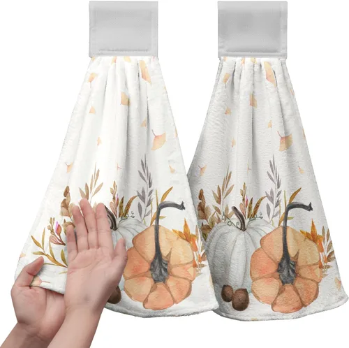 Vista 28 de Juego de 2 toallas de cocina colgantes de hojas tropicales de verano, color verde, hojas de palmera, con bucles para colgar, suaves y absorbentes