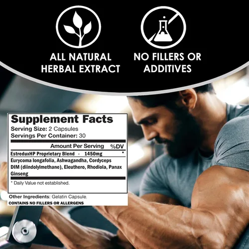 Vista 4 de VH Nutrition ESTREDUX HP Bloqueador de estrógeno para hombres* 1450 mg de soporte hormonal de máxima fuerza W/DIM, Tongkat Ali, Ashwagandha 60