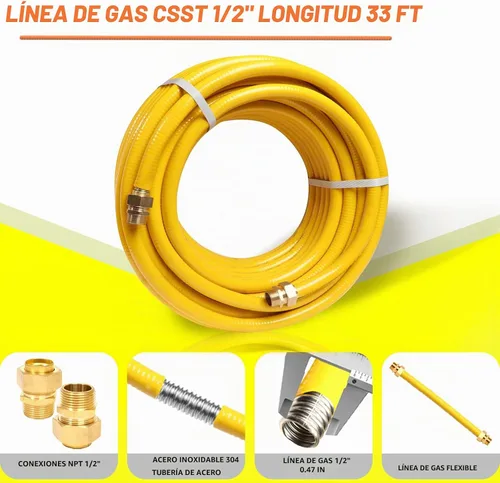 Vista 2 de Línea de Gas Flexible de 33 pies 1/2'', Tubería de Acero Inoxidable Corrugado CSST, Kit de Conversión de Línea de Gas Natural y Tubería de Propano