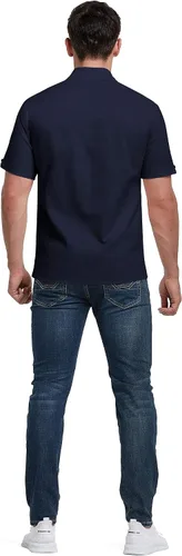 Vista 4 de Aimeilgot Camisas de manga largacorta para hombre, de lino, casuales, con botones, cuello extendido, camisas lisas