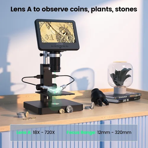 Vista 5 de JL246PS Microscopio digital HDMI de 3 lentes de 7 pulgadas 4000X, microscopio biológico para adultos y niños con diapositivas preparadas, video UHD