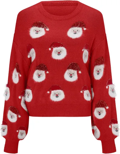 Vista 5 de iLH Suéter de Navidad para mujer, lindo suéter de punto con cuello redondo y diseño de Papá Noel
