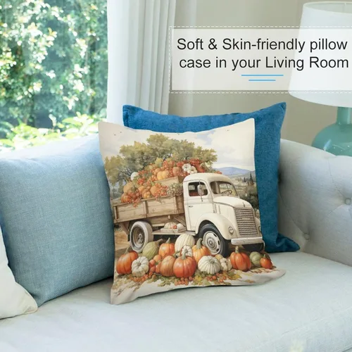 Vista 8 de Funda de cojín de 12 x 12 pulgadas, diseño de hojas de arce y calabaza naranja Happy Harvest Farm Truck para exteriores, decoración moderna