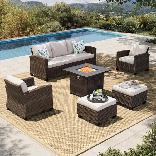 Vista 30 de HERA'S HOUSE Juego de muebles de patio con mesa para fogata de 56 pulgadas, juegos de conversación de patio al aire libre, 6 piezas de 7 asientos
