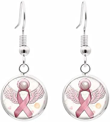 Vista 5 de GANGYUN Juego de collar y aretes de lazo rosa con alas de ángel volador para mujer, joyería de concientización sobre el cáncer de mama con flores
