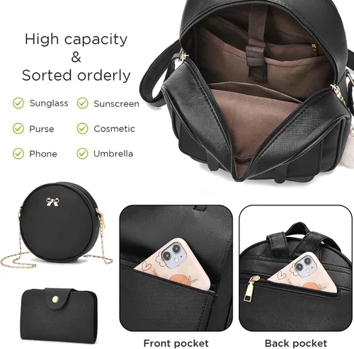 Vista 4 de Fahsion - Juego de 3 piezas de mochila de cuero para mujer, mochila para mujer, bolsa de libros para adolescentes y niñas