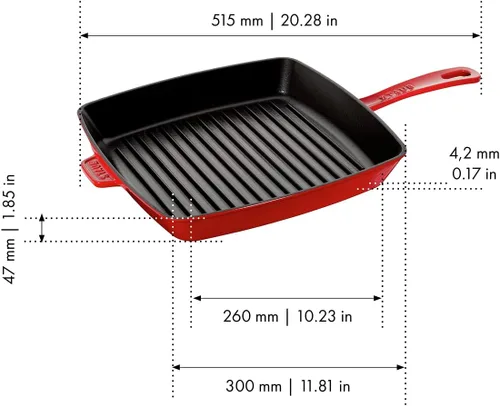 Vista 3 de Staub Sartén cuadrada de hierro fundido de 12 pulgadas, cereza, fabricada en Francia