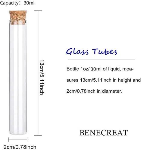 Vista 2 de BENECREAT Paquete de 20 tubos de vidrio de 1.0 fl oz (1 oz) con tapones de corcho, pequeñas botellas vacías transparentes para aceites esenciales