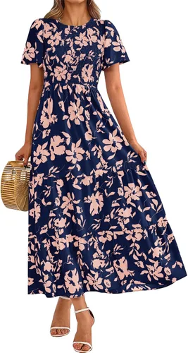 Vista 21 de PRETTYGARDEN - Vestido largo casual de verano para mujer, manga corta acampanada, bohemio, floral, cuello redondo, vestido blusón, escalonado