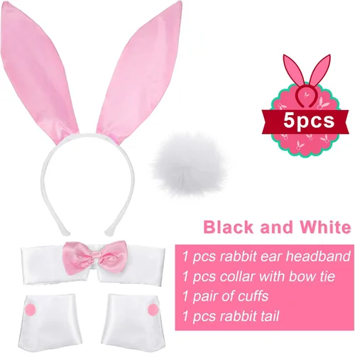 Vista 2 de SATINIOR - Conjunto de accesorios de conejo para mujer, diadema de orejas de conejo, corbatín, puños, disfraz de cola de conejo para Pascua, fiesta