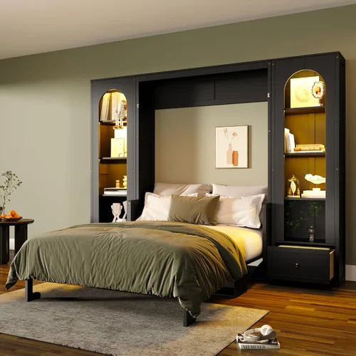 Vista 10 de Cama Murphy de Pared Tamaño Queen con Escritorio en Forma de L, Sofá de 2 Asientos y Luz, Marco de Cama Murphy Tradicional de Madera Maciza