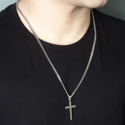 Vista 6 de Tuewut Collar de cruz para hombre, collar con colgante de cruz lisa de acero inoxidable plateado y dorado para hombre, cadena cubana de 18 a 26