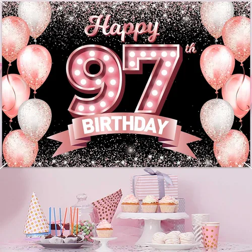 Vista 104 de Cartel de feliz cumpleaños décimo oro rosa, telón de fondo, saludos a 10 años, globos de confeti, decoración temática para niñas de 10 años