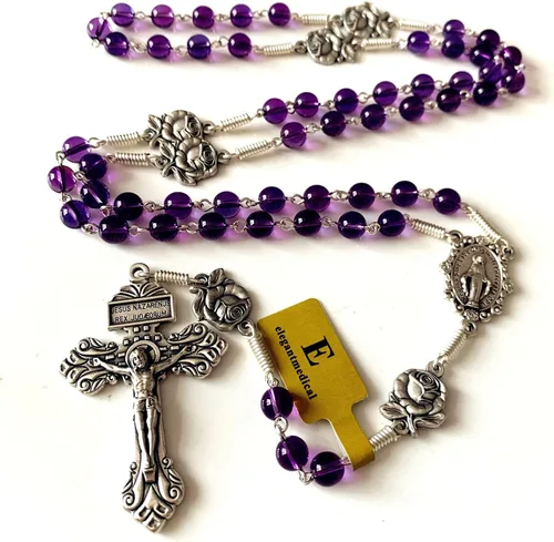 Vista 5 de elegantmedical Collar de cruz de rosario hecho a mano con cuentas de amatista católica, nuestra Señora de Gracia, caja de regalo