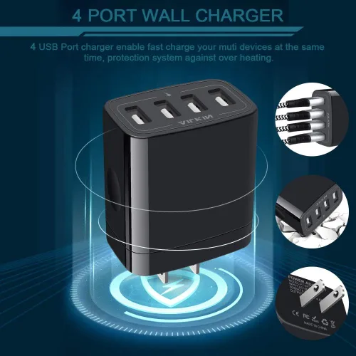 Vista 4 de Cargador de pared, adaptador de cargador USB, estación de carga rápida AILKIN 4.8A, 4 puertos múltiples, bloque de base de alimentación, enchufe