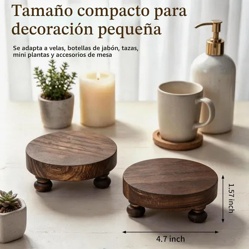 Vista 6 de Romadedi - Soporte de madera de granja para exhibición - 2 piezas, decoración rústica, mini pedestal de madera, bandeja redonda decorativa para mesa