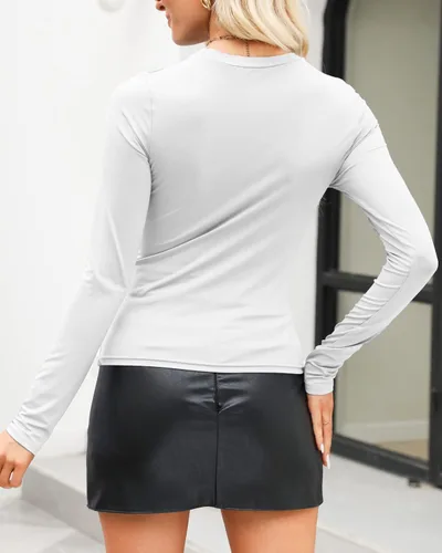 Vista 3 de RGOSME Camiseta básica de manga larga para mujer, cuello redondo, lisa, delgada, suave, para verano, primavera, entrenamiento suave