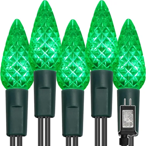 Vista 15 de WATERGLIDE Luces de Navidad C6, 100 luces LED de 33 pies, guirnalda de luces facetadas de alambre verde con adaptador seguro, 8 modos