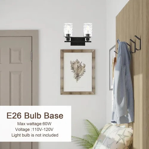 Vista 6 de MELUCEE Iluminación de pared interior 2 luces mate negra con vidrio martillado transparente, lámpara de pared moderna para tocador de baño