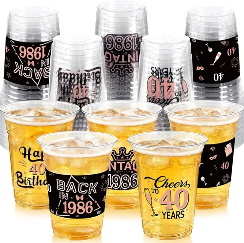 Vista 12 de 50 Piezas Vasos de Plástico para Fiesta de Cumpleaños 40 a Granel, 16 Oz Vasos de Beber Desechables de Plástico Transparente Negro Dorado