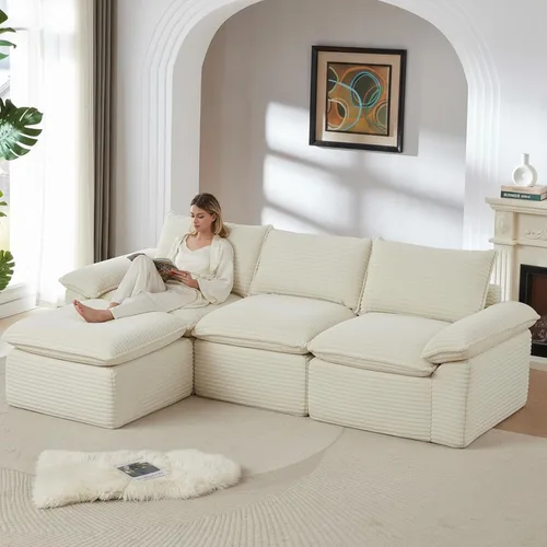 Vista 16 de Sofás modulares de 113.03 pulgadas para sala de estar, sofá modular moderno con sofás en forma de L, sofá tapizado de pana sin hueso, asiento Negro
