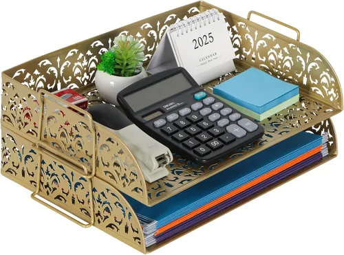 Vista 13 de EasyPAG, charola para escritorio de 2 niveles para cartas, diseño calado de flores, Negro