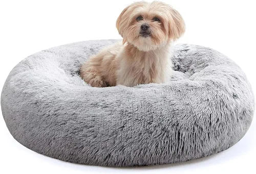 Vista 22 de Cama calmante para perros y gatos, cama antiansiedad, de felpa, con forma de dona, redonda, acolchada, de piel sintética, suave y esponjosa