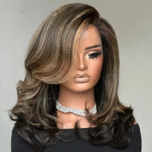 Vista 5 de #1B/4/27 - Pelucas de cabello humano corto ondulado en capas con reflejos degradados 13x4 HD transparente con encaje frontal, pelucas de cabello