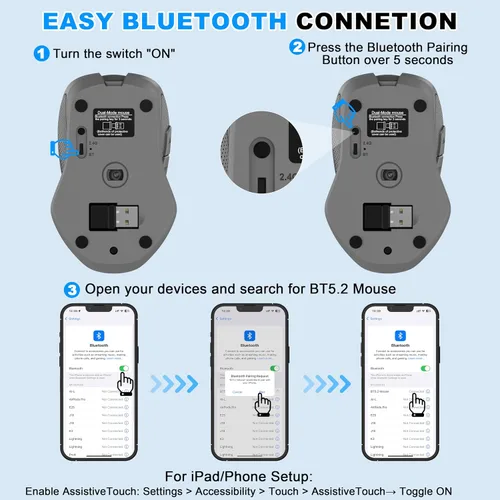 Vista 7 de Ratón inalámbrico Bluetooth para MacBook, laptop, iPad Air/Pro, mouse óptico silencioso recargable con Jiggler, modo dual Bluetooth 5.2/3.0 y 2.4G