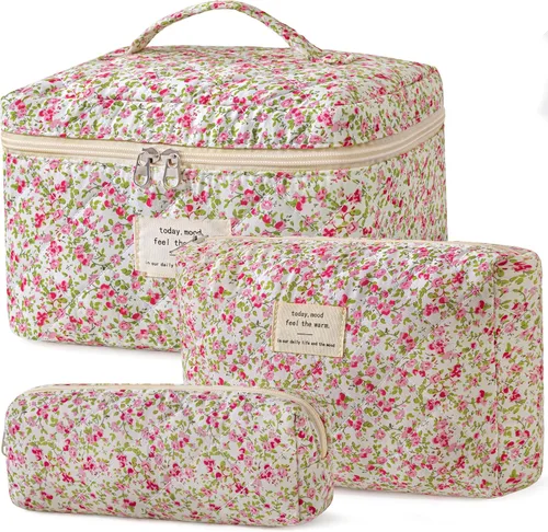 Vista 31 de HBselect Bolsa de Maquillaje Acolchada, 3 Piezas de Gran Bolsa de Maquillaje de Viaje de Algodón, Linda Bolsa de Maquillaje Floral Coquette, Bolsa