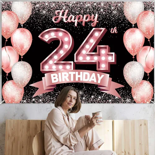 Vista 202 de Cartel de feliz cumpleaños décimo oro rosa, telón de fondo, saludos a 10 años, globos de confeti, decoración temática para niñas de 10 años