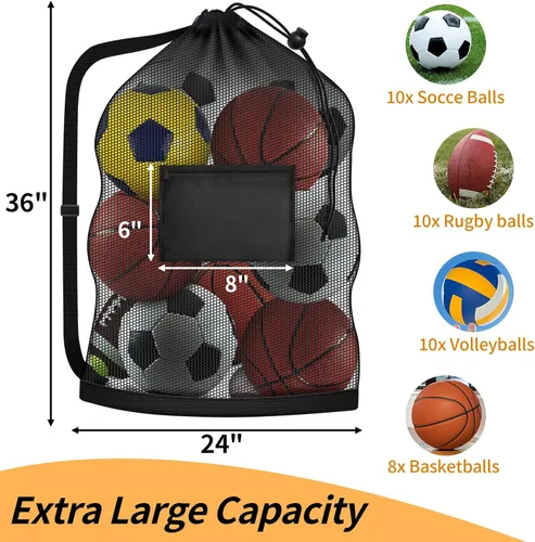 Vista 2 de Bolsa de Malla Extra Grande para Pelotas, Bolsa de Almacenamiento Resistente con Cordón, 61 cm x 91 cm, Capacidad para 8-10 Pelotas de Fútbol