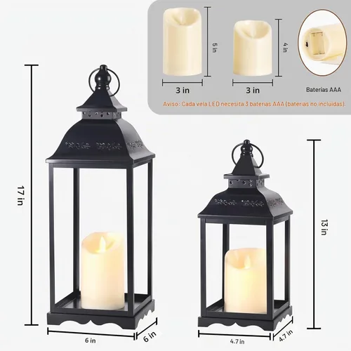 Vista 2 de Decorative Candle Lanterns Set of 2, Black Metal for Indoor & Outdoor Negro