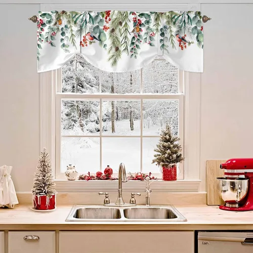 Vista 2 de Cenefa de amarre cardenal de Navidad, cenefa de cocina ajustable con hojas de eucalipto verde baya, cenefas blancas con bolsillo para barra