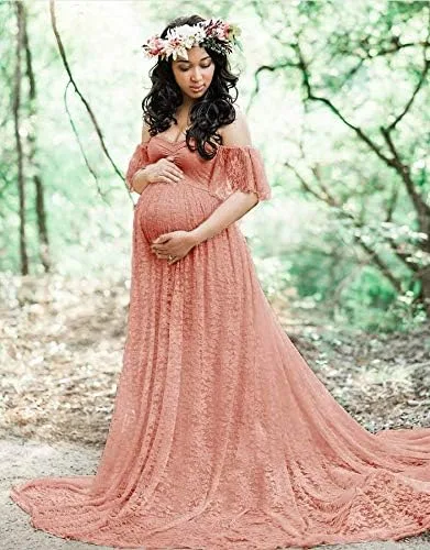 Vista 6 de Sicily Vestido de maternidad largo con hombros descubiertos de encaje para mujer Plus fotografía