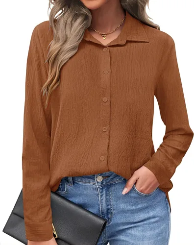 Vista 9 de AUSELILY - Camisas con botones para mujer, manga larga, cuello con botones, blusas casuales para el trabajo y negocios, túnicas