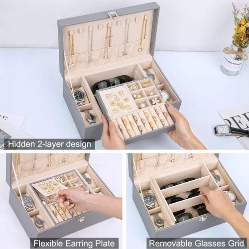 Vista 2 de LANDICI Joyero organizador para mujeres y niñas, estuche grande de 2 capas para hombres con bandeja extraíble, soporte de almacenamiento de joyas