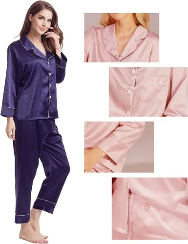 Vista 6 de Conjunto de pijama para mujer, pijama de satén de seda, pijama largo de 2 piezas, con botones, conjunto de pijama para descansar