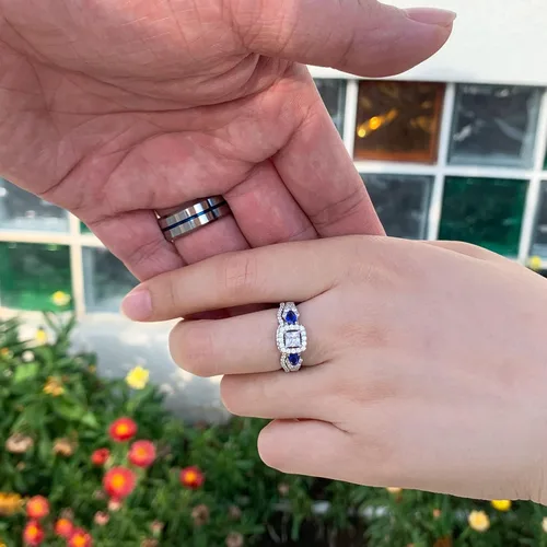 Vista 5 de Sheloves - Juego de anillos de boda para pareja, mujer, plata de ley con circonita cúbica para hombre, anillos de tungsteno azul para él y ella