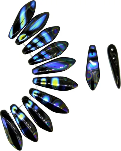 Vista 2 de Cuentas de cristal checas, dos agujeros, 0.197 in x 0.630 in, rayas Jet AB, 25 cuentas
