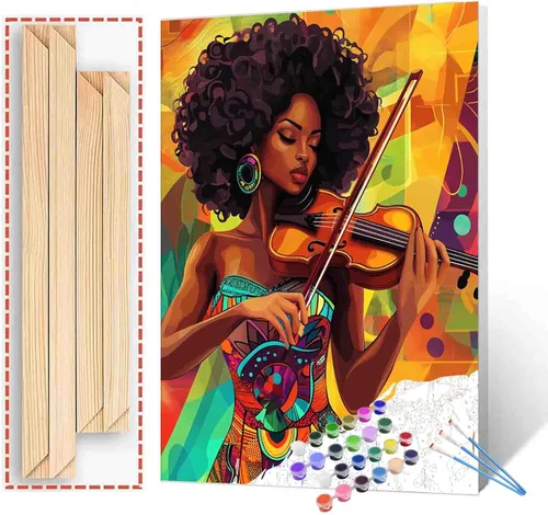 Vista 25 de Pintura de niña afro a la moda, kits de pintura por números, 16 x 20 pulgadas, lienzo de hojas tropicales, pintura al óleo para niños y adultos