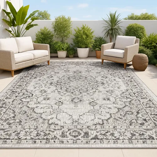 Vista 8 de JONATHAN Y Alfombra bohemia con medallón para interiores y exteriores, 2 x 8 pies, color gris/negro, tejido texturizado Rozetta para patio trasero