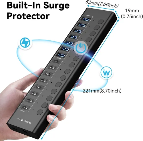 Vista 7 de Hub USB 3.2 alimentado, ACASIS 16 puertos USB 3.2 Hub (8 puertos USB-A 3.2 + 8 puertos USB-C 3.2), concentrador USB de aluminio alimentado