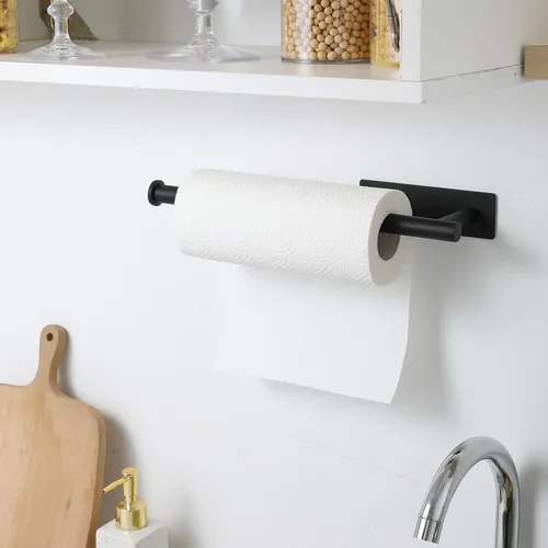 Vista 7 de theaoo - Toallero de papel para debajo del gabinete para cocina, toallero adhesivo para baño, montado en la pared, negro mate, acero inoxidable