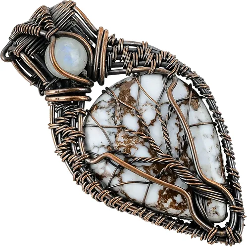 Vista 12 de Impresionante collar con colgante de árbol de la vida de cobre con piedras preciosas hechas a mano y cadena de 20 pulgadas, perfecto